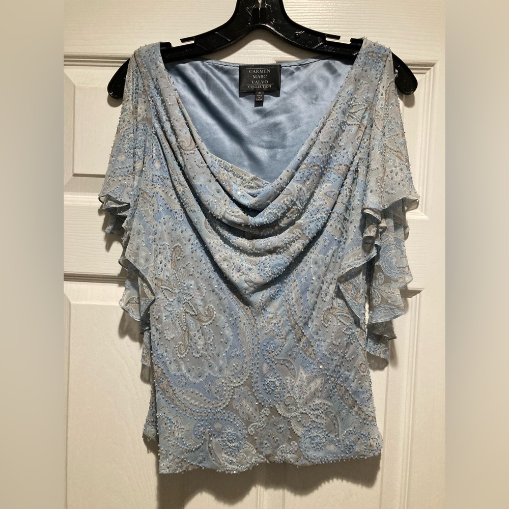 Carmen Marc Valvo Blue Women's Top with Cowl Neckline and Split Ruffled Sleeves